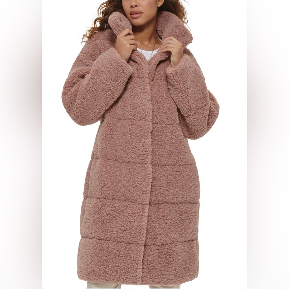 Levi's Women's Long Sherpa Snap-Closure Teddy Coat Mauve Pink